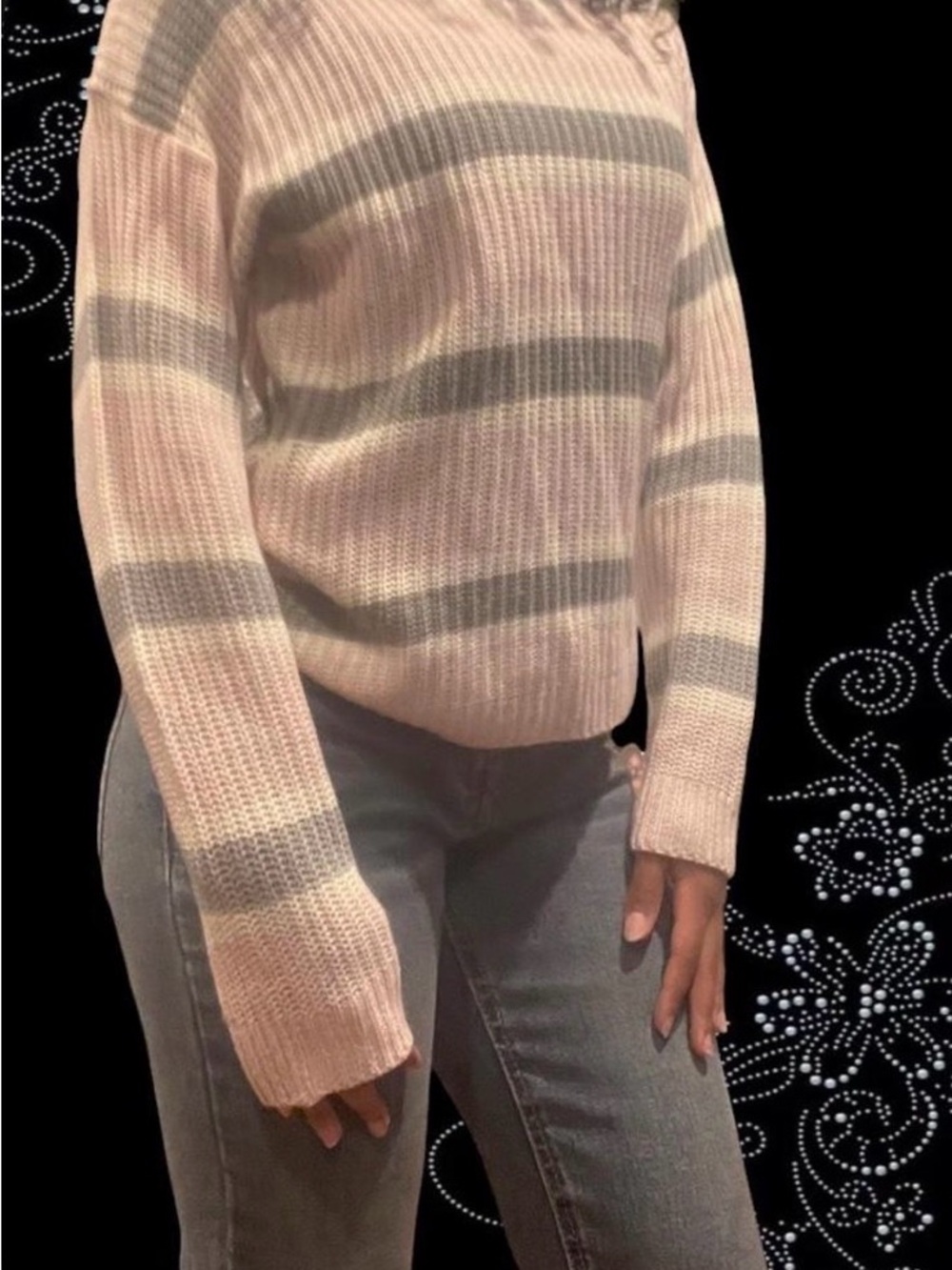 Women's Striped Crewneck Sweater in Pink and Gray